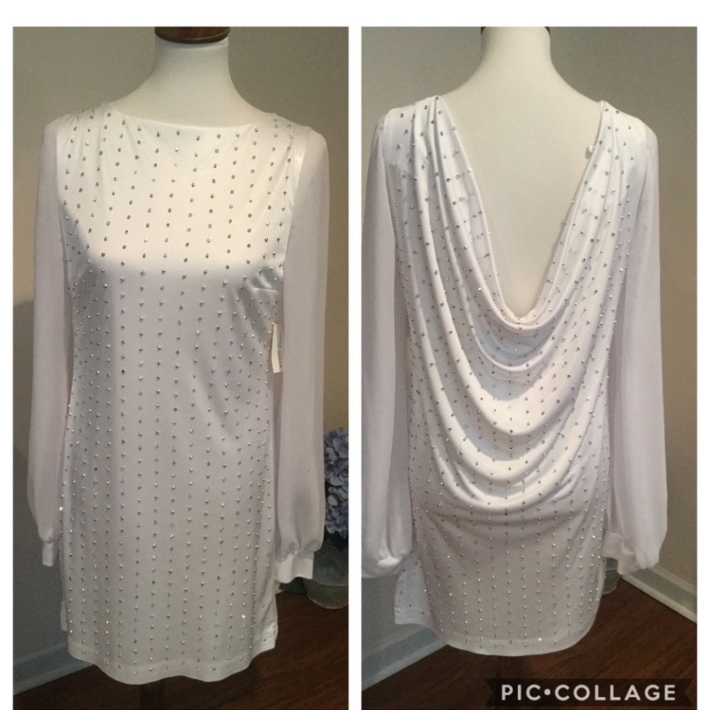 Alexia Admore Silver Studded, Draped Back White Short Prom Dress Size L